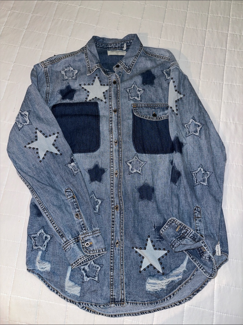 One Teaspoon Denim Jacket with Star Patches - Light and Dark Blue